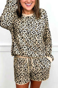 Brown Leopard Print Contrast Trim Two Piece Shorts Set