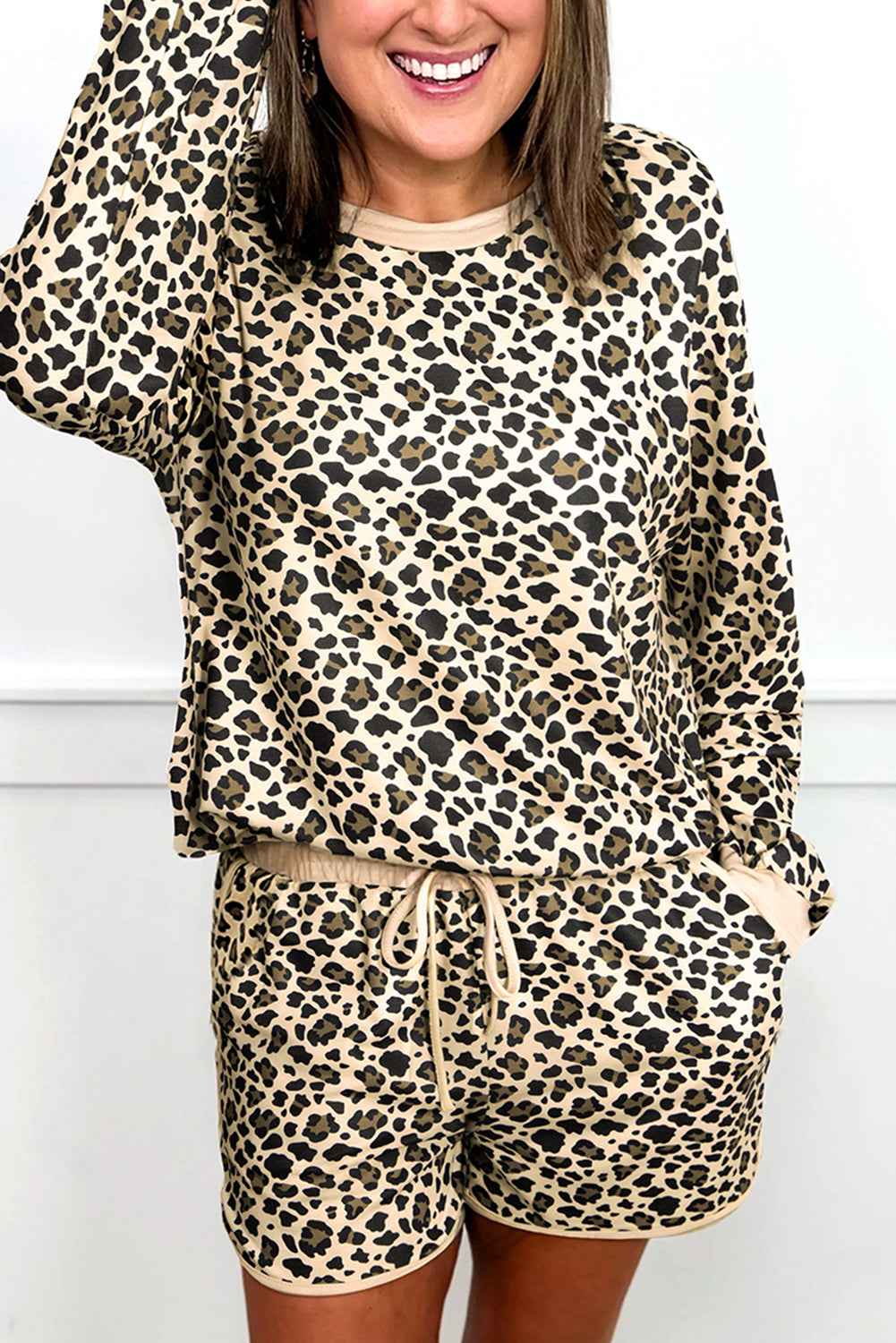 Brown Leopard Print Contrast Trim Two Piece Shorts Set