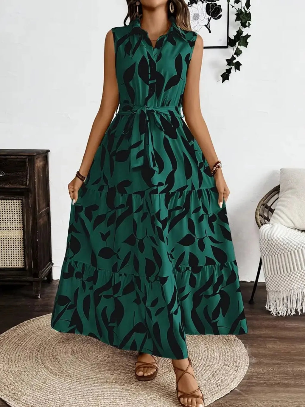 Printed Tie Waist Sleeveless Maxi Dress by Shopiebay