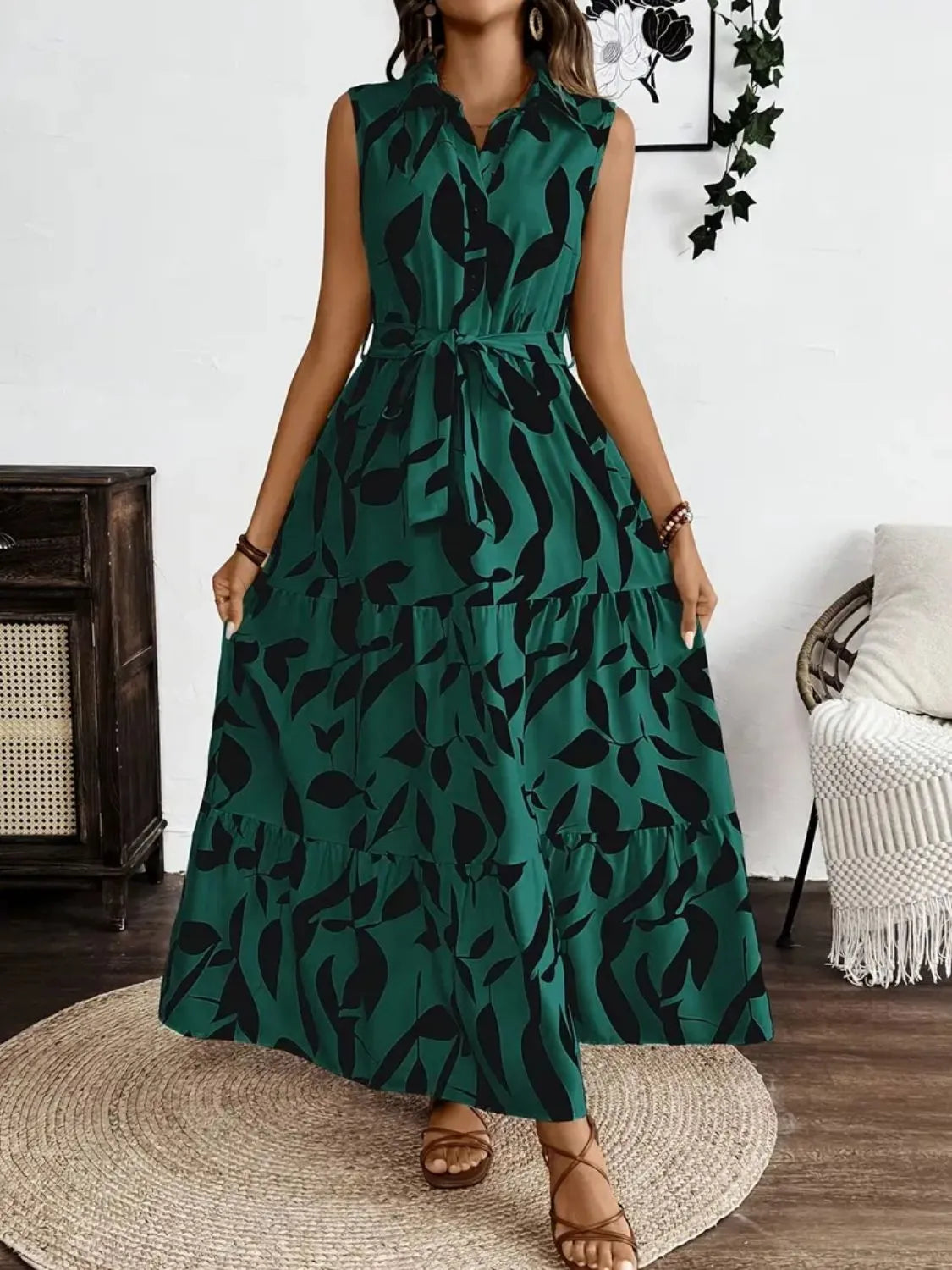 Printed Tie Waist Sleeveless Maxi Dress by Shopiebay