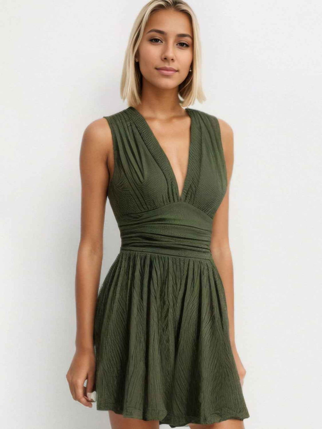 Ruched Plunge Sleeveless Romper