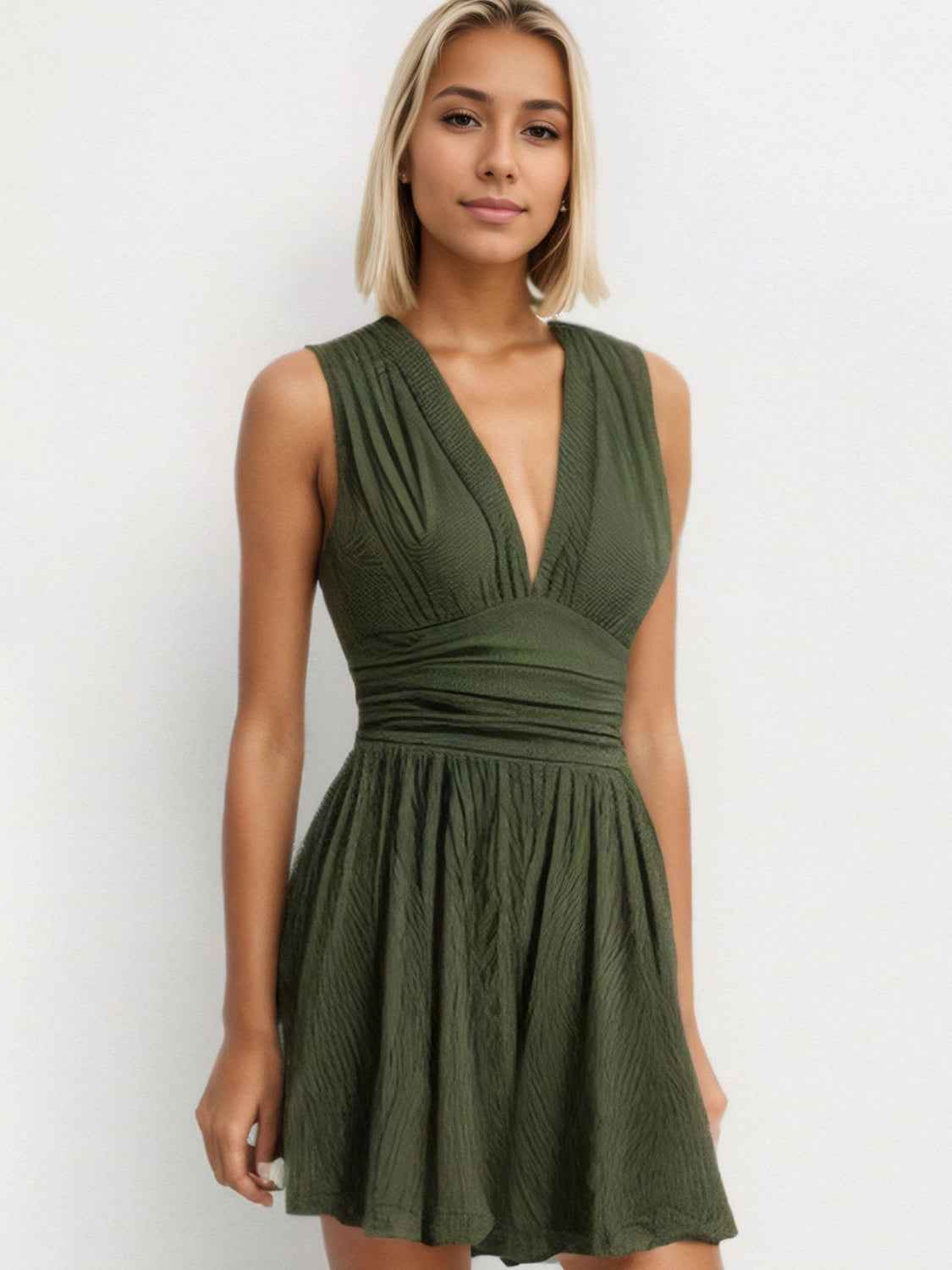 Ruched Plunge Sleeveless Romper