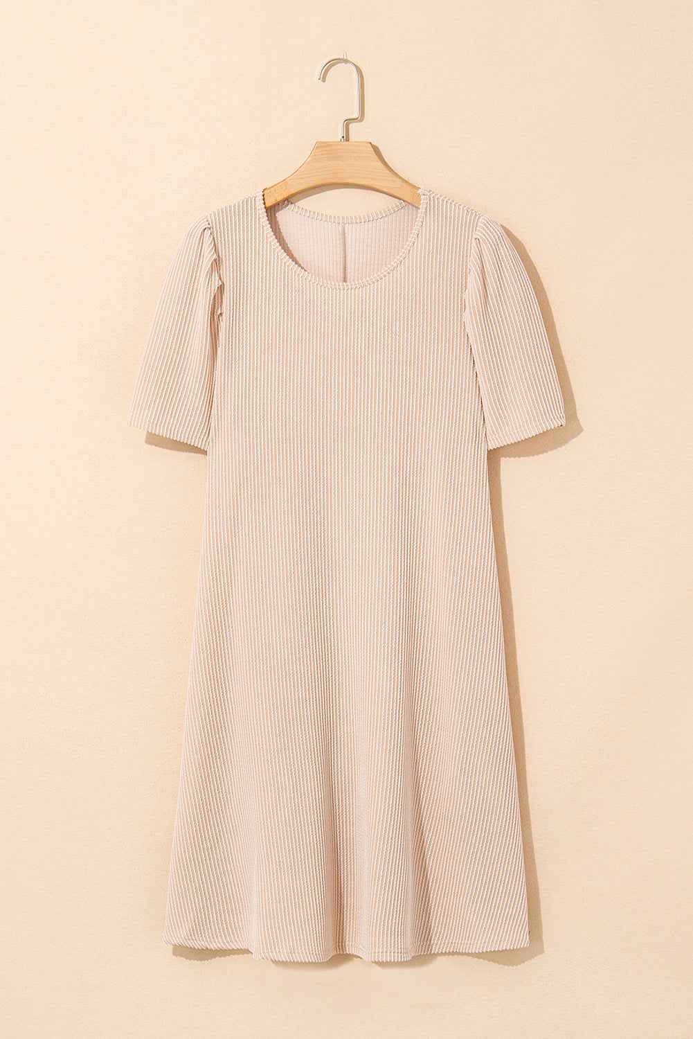 Parchment Corded Knit Crew Neck Puff Sleeve Shift Mini Dress