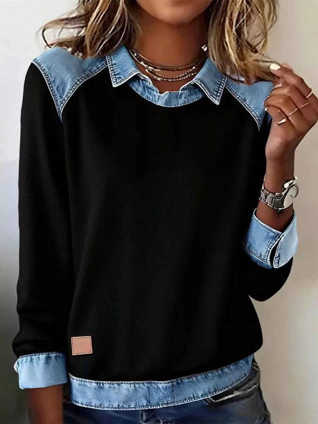 Full Size Denim Trim Long Sleeve Top Plus Size