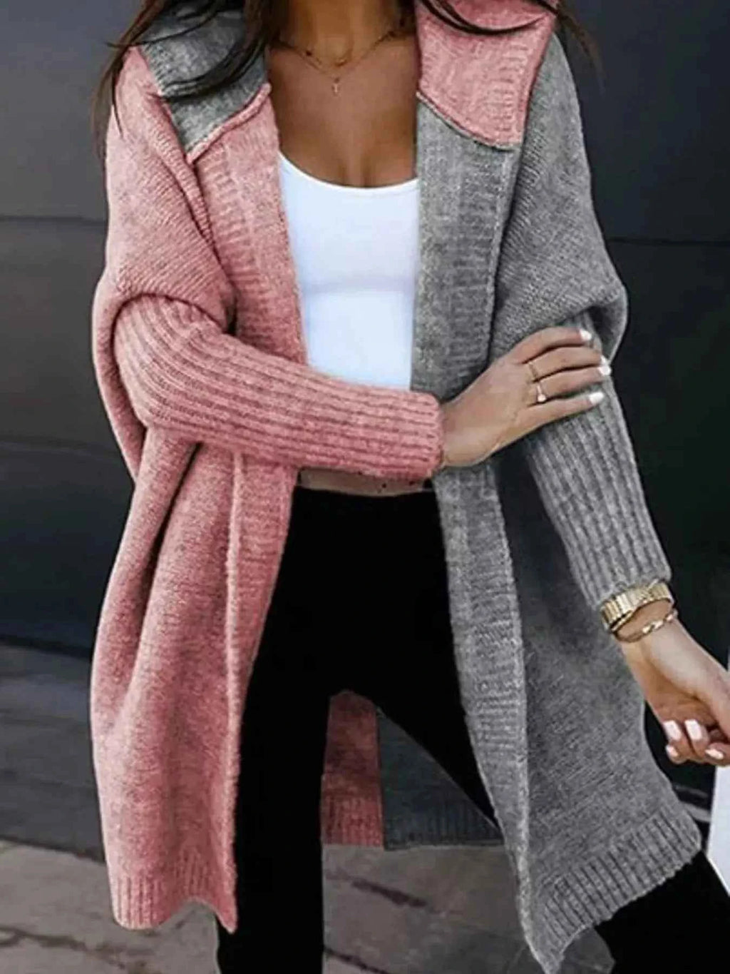 Two-Tone Hooded Open Front Knit Cardigan