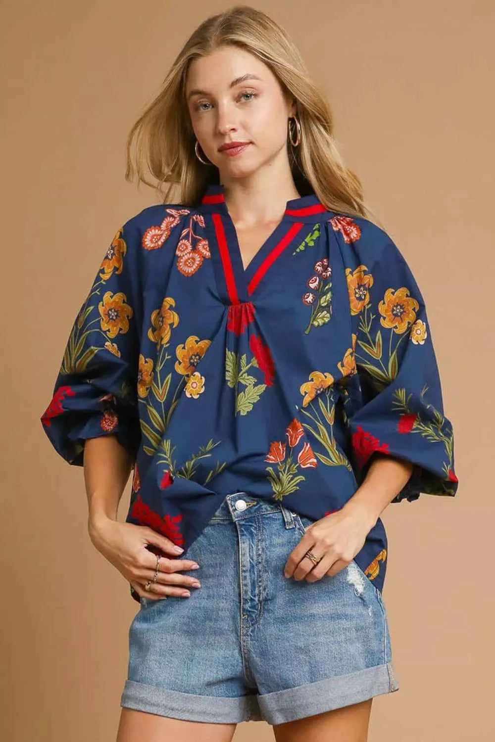 Umgee Floral Print Flounce Sleeve Blouse