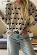 Parchment Geometric Heart Print Ribbed Trim Loose Sweater