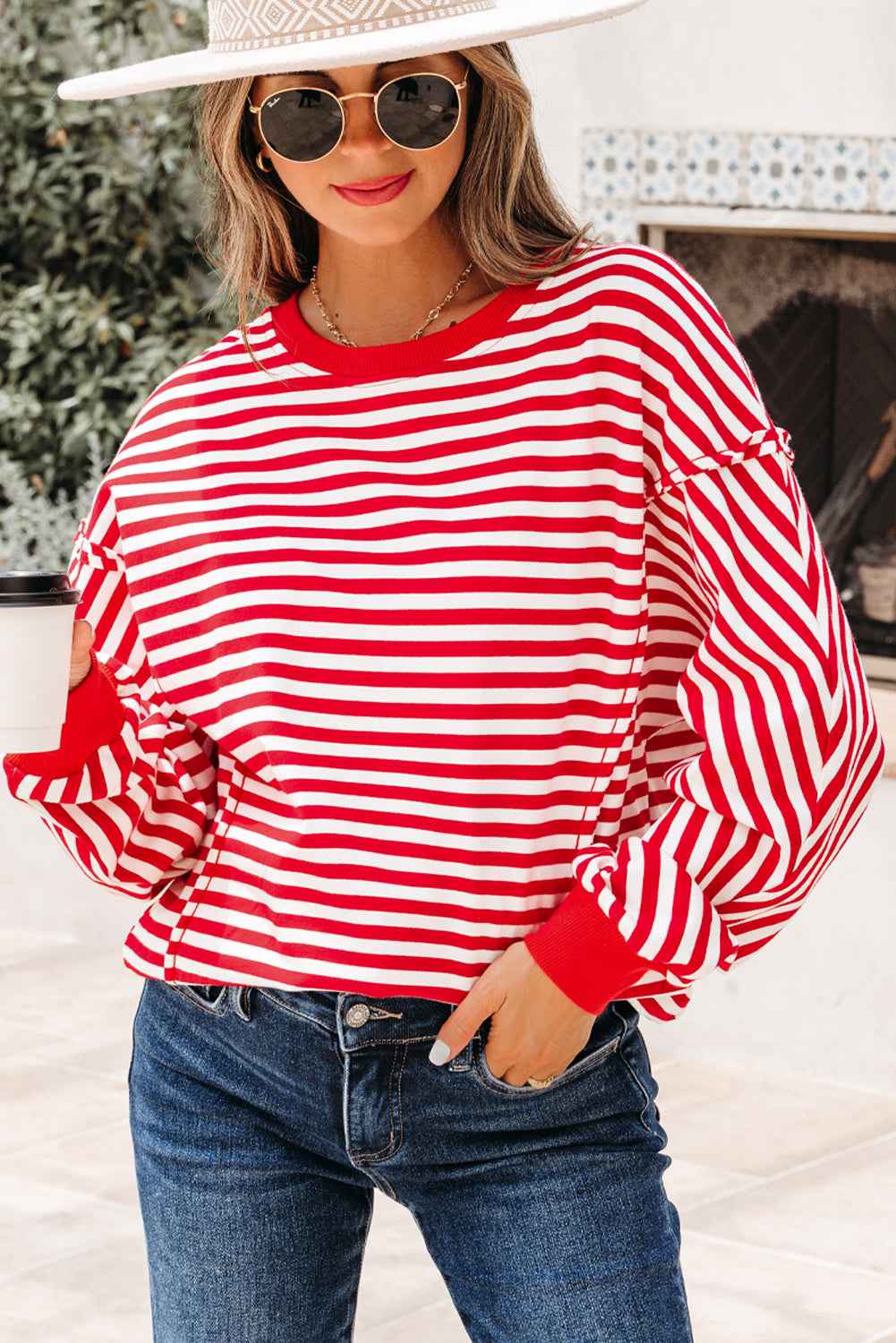 Black Stripe Exposed Seam Drop Shoulder Casual Pullover Top