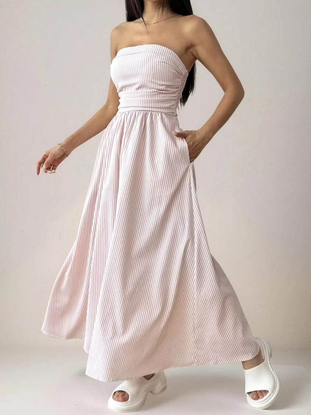 Striped Strapless Casual Maxi Dress by Shopiebay