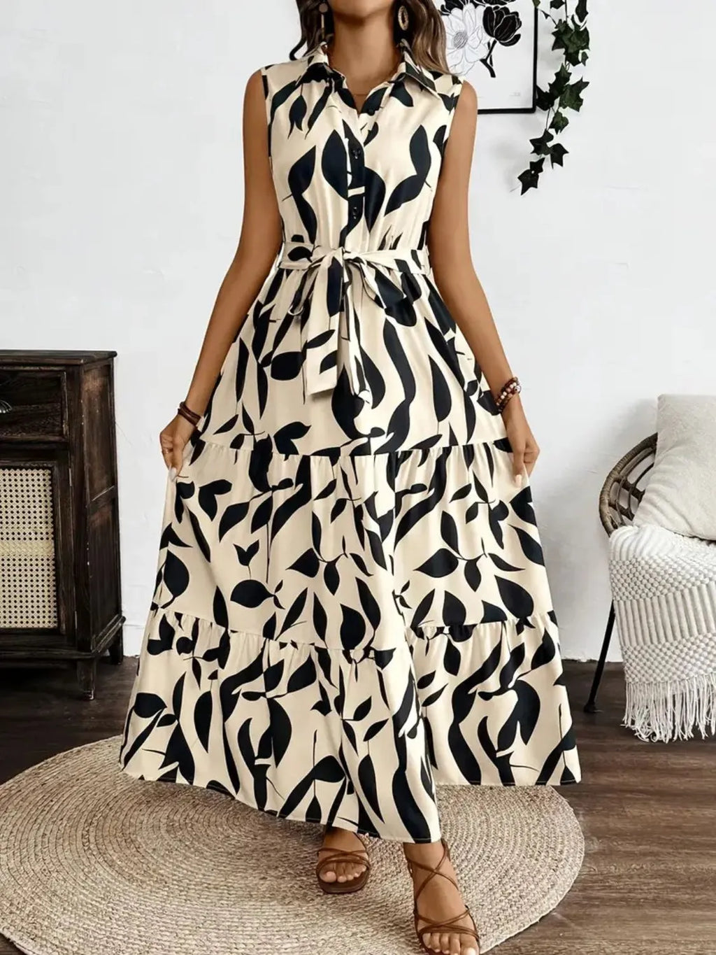 Printed Tie Waist Sleeveless Maxi Dress by Shopiebay