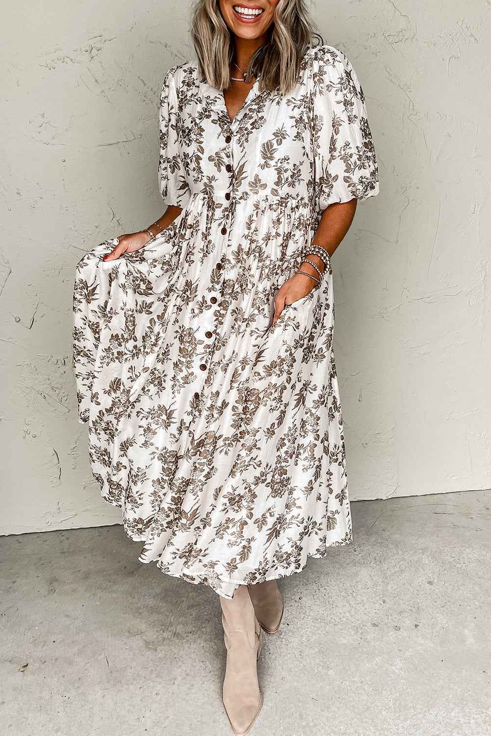 Khaki Floral Puff Sleeve V Neck Buttoned Front Maxi Dress