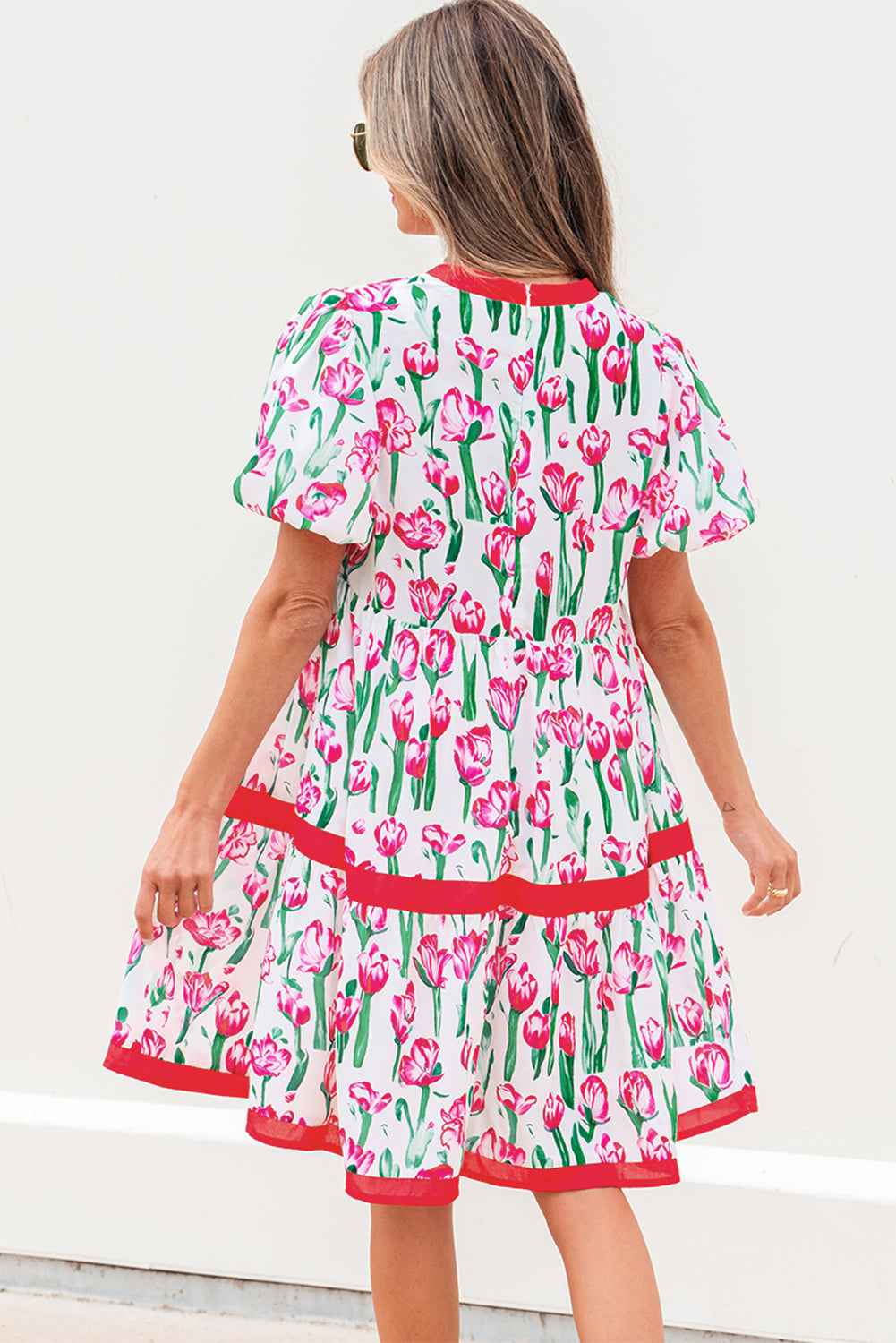 Pink Floral Print Contrast Trim V Neck Bubble Short Sleeve Babydoll Dress