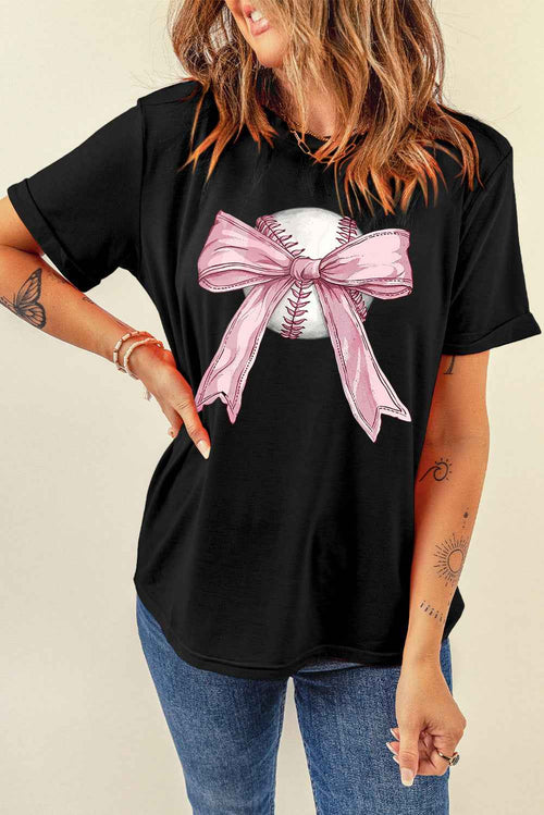 Black Baseball Bow Knot Print Round Neck T Shirt by Wild and Free Boutique