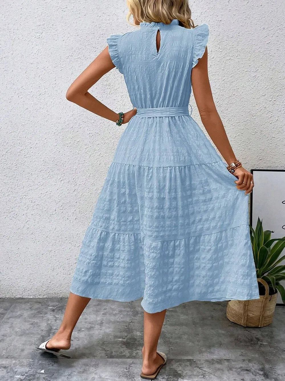 Tied Ruffled Cap Sleeve Midi Dress by Shopiebay
