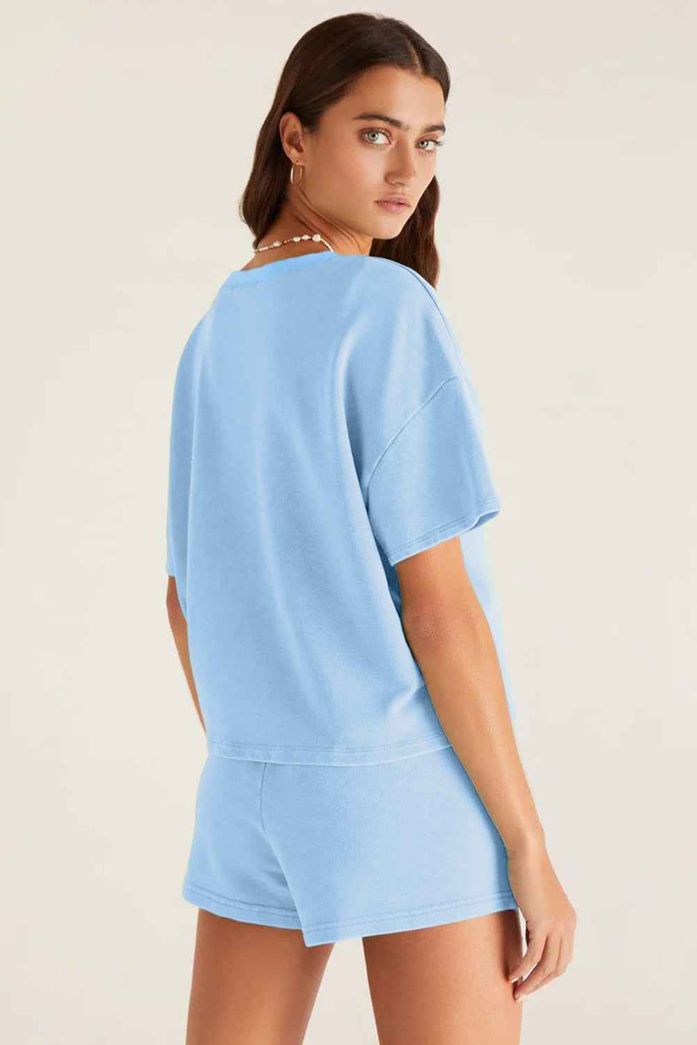 Myosotis V Neck Drop Shoulder Tee and Patchwork Drawstring Shorts Set