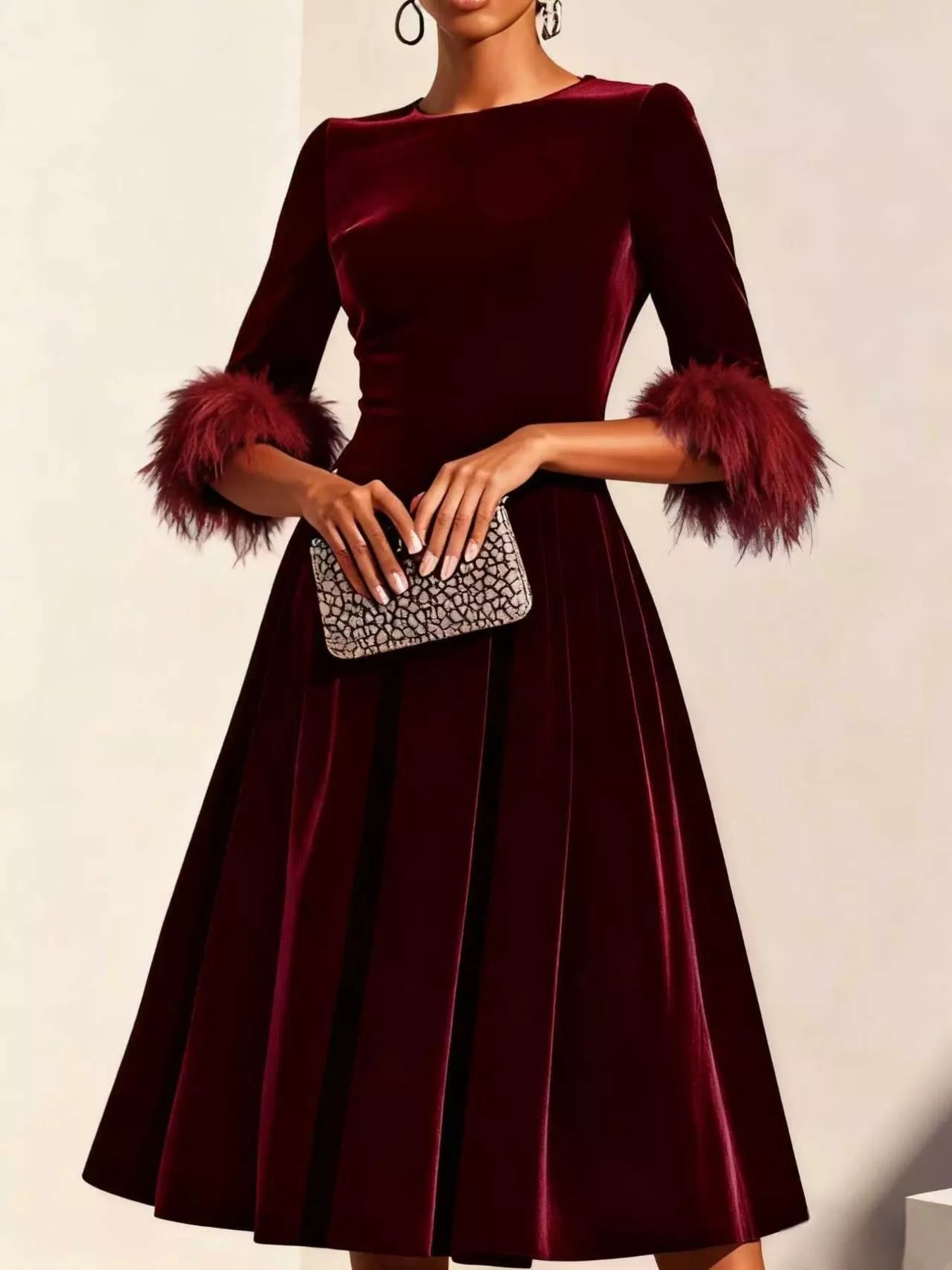 Velvet Midi Dress with Feather Cuffs by Shopiebay