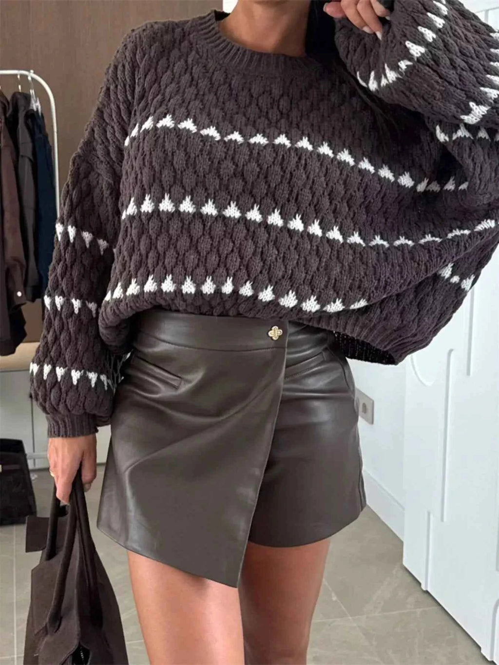 Striped Chunky Knit Sweater with Balloon Sleeves