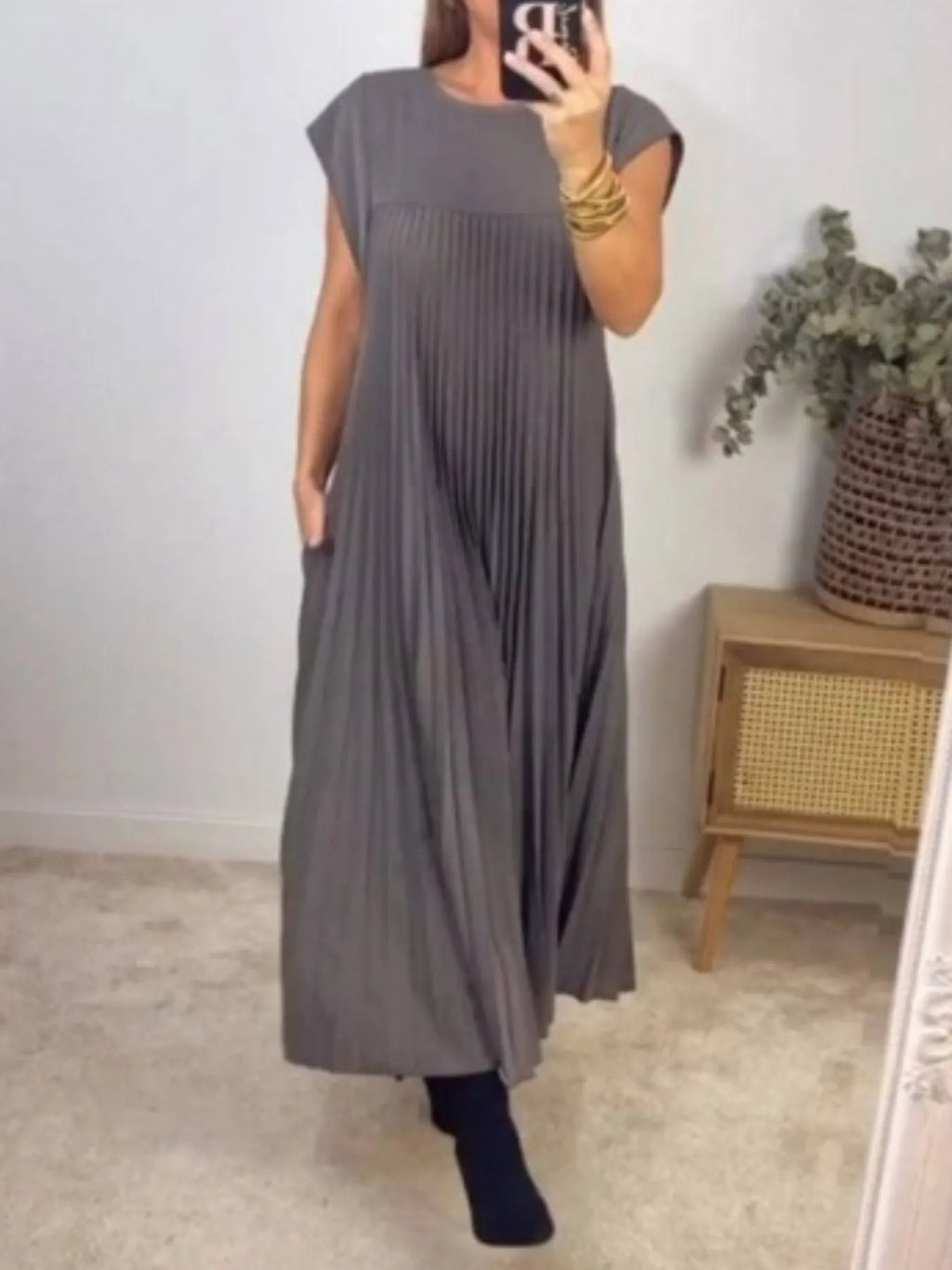 Pleated Round Neck Maxi Dress by Shopiebay