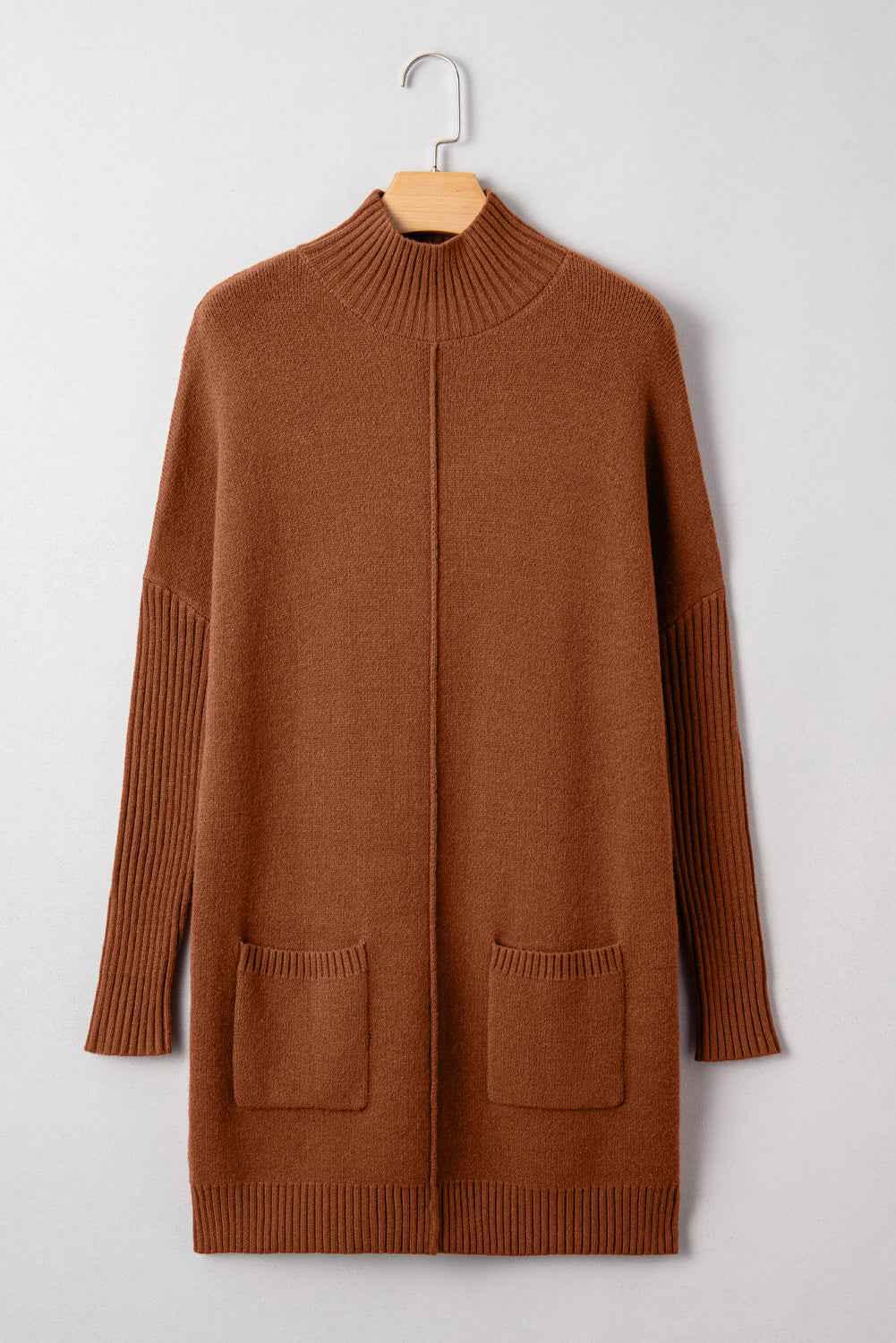 Chestnut Ribbed High Neck Front Pockets Center Seam Shift Sweater Dress