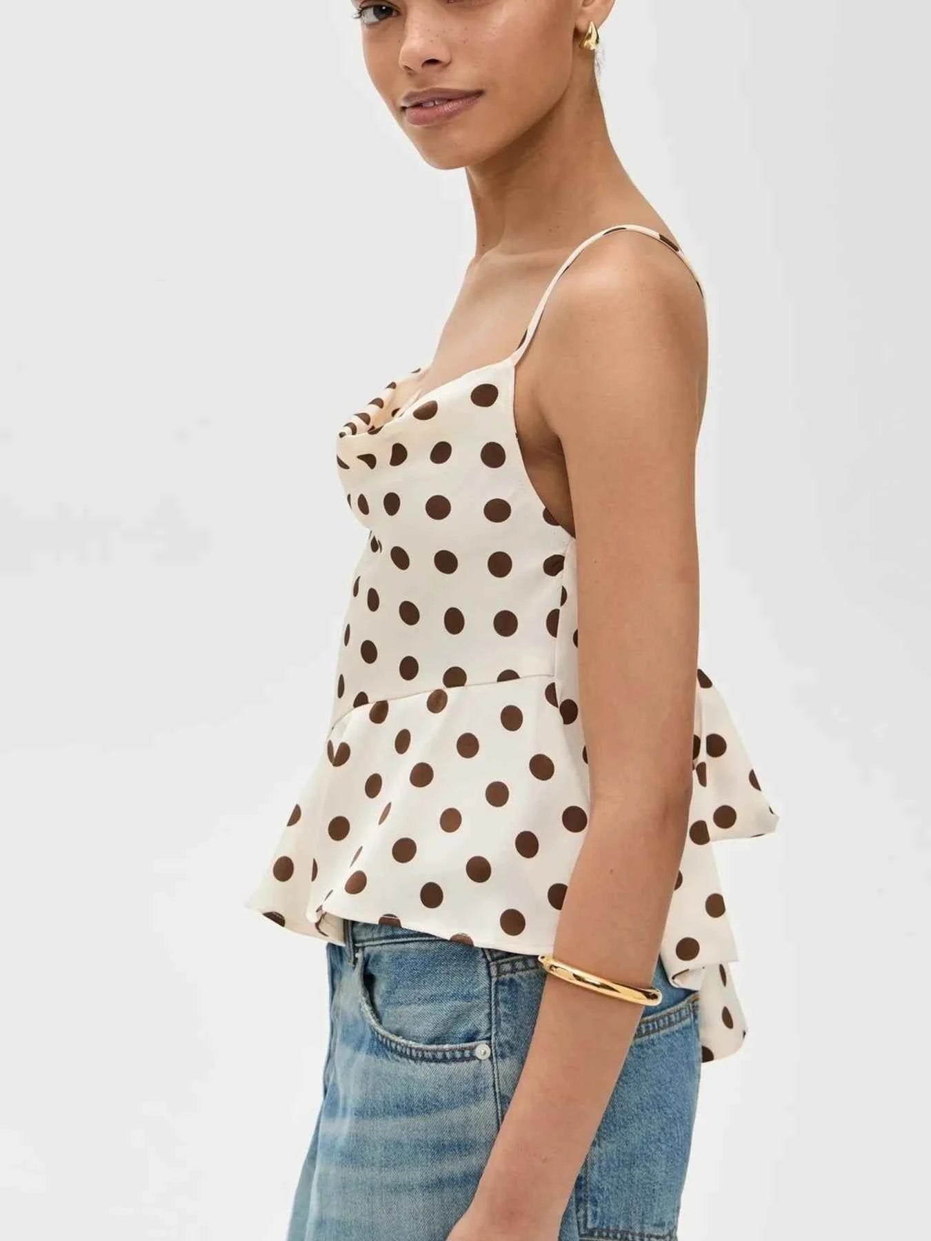 Cowl Neck Polka Dot Cami with Crisscross Back Tie