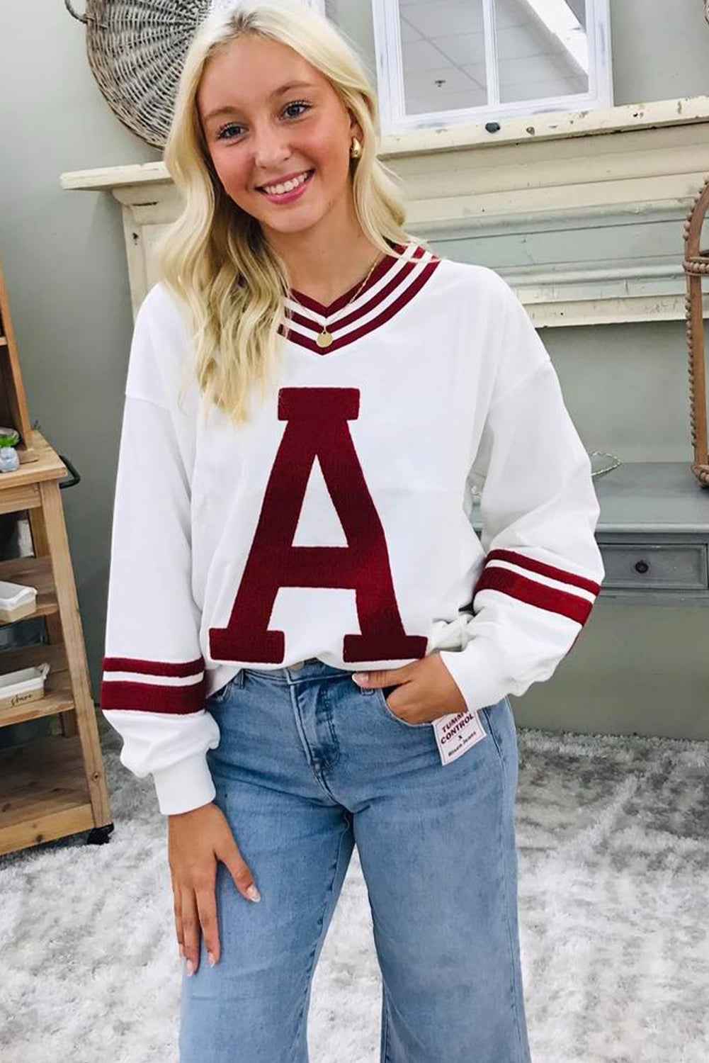 Red Dahlia Chenille Letter A Varsity Striped V Neck Sweatshirt