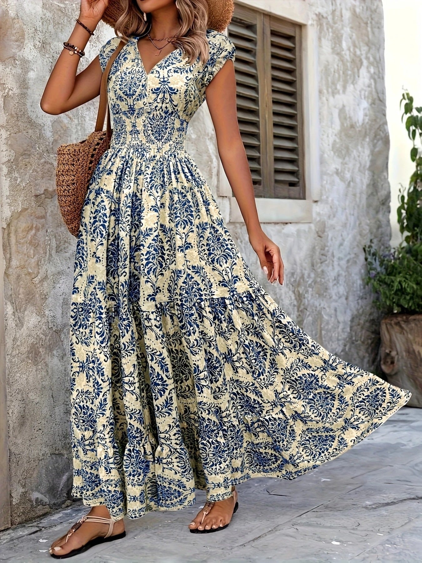 Printed Cap Sleeve Maxi Dress by Shopiebay
