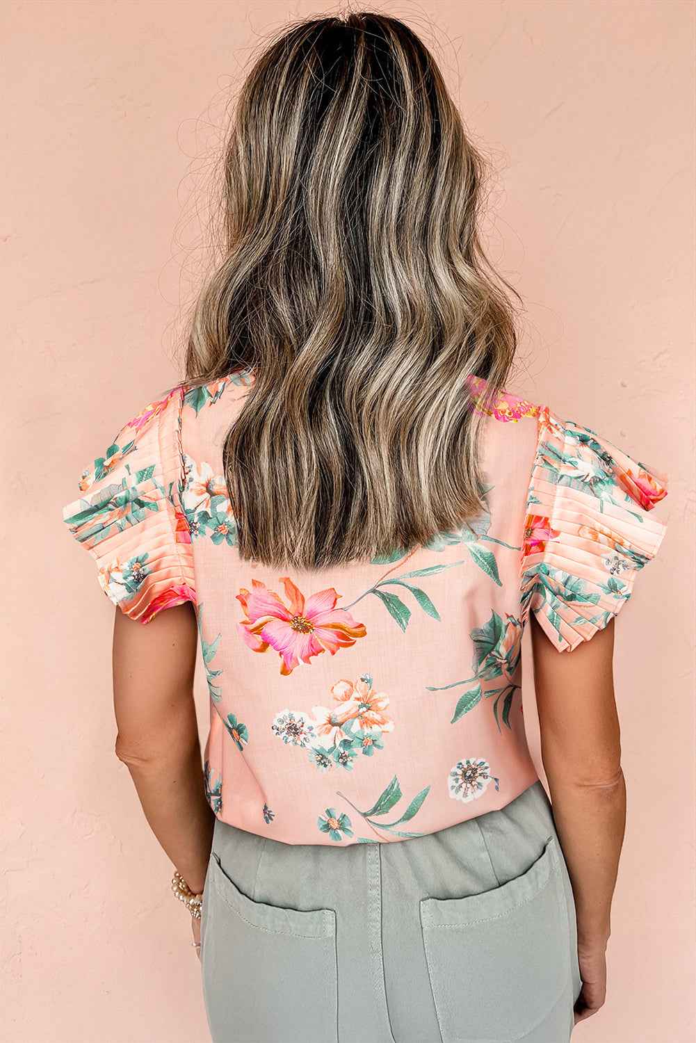 Pink Floral Print Frill V Neck Pleated Sleeve Blouse
