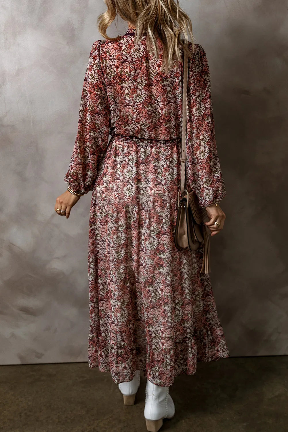 Frill Printed V-Neck Long Sleeve Midi Dress by Shopiebay