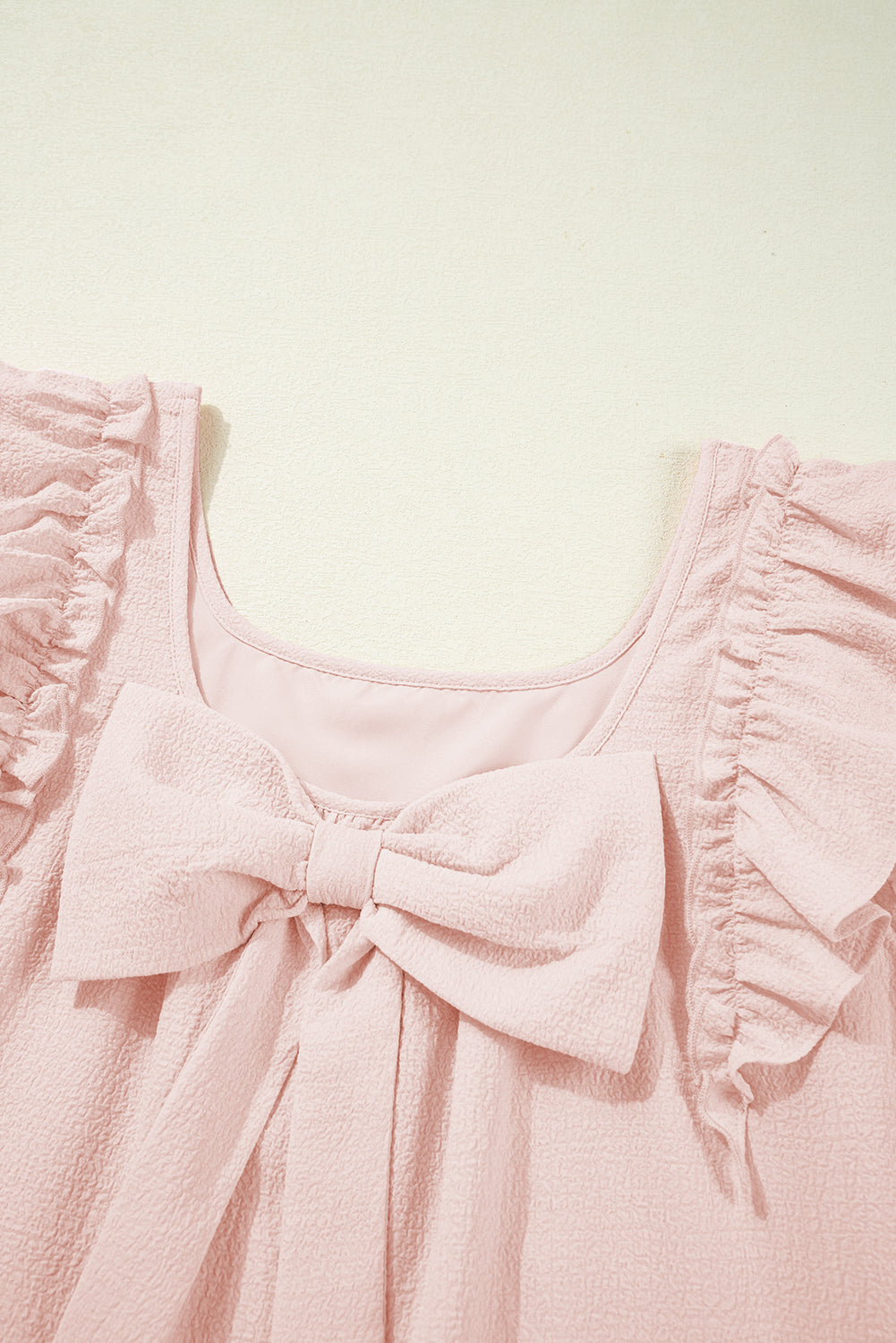 Light Pink Textured Flutter Sleeve Square Neck Bow Back Mini Dress