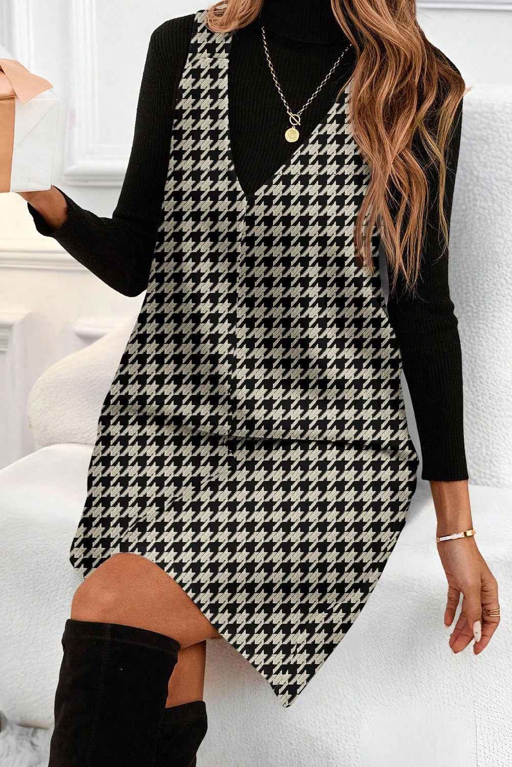 Khaki Houndstooth Print V Neck Sleeveless Mini Dress