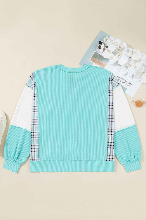 Aruba Blue Twist Ribbed Color Block Plaid Patchwork Plus Size Long Sleeve Top by Wild and Free Boutique