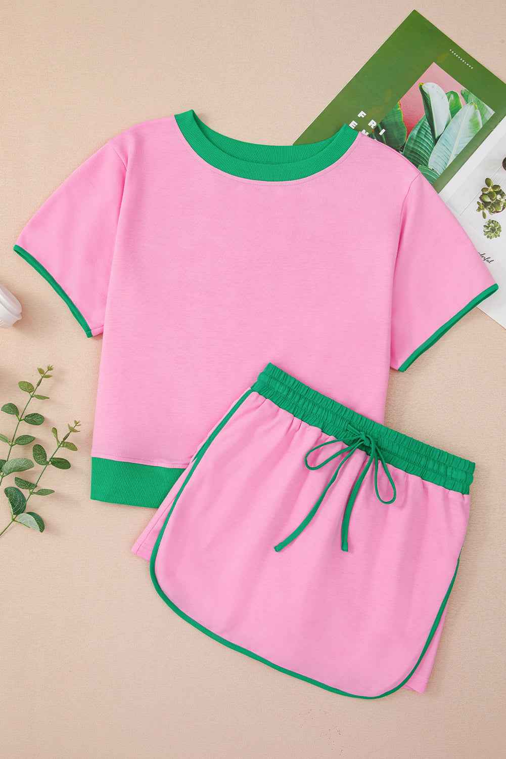 Bonbon Colorblock Edge Drop Shoulder T Shirt and Skort 2Pcs Set