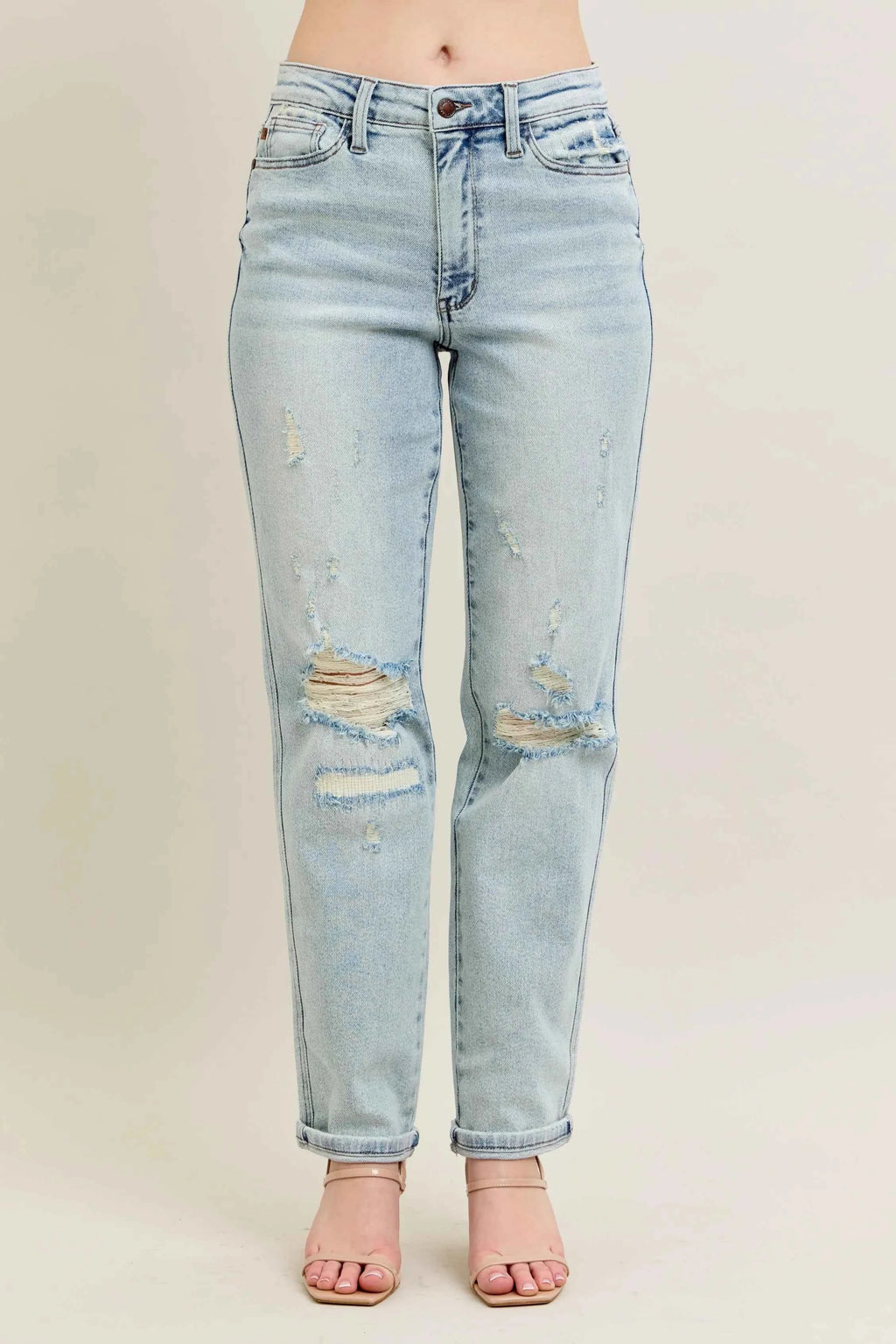 Judy Blue Full Size Mr Repair Stitch Detail Destroy Single Cuff Bf Jeans Plus Size