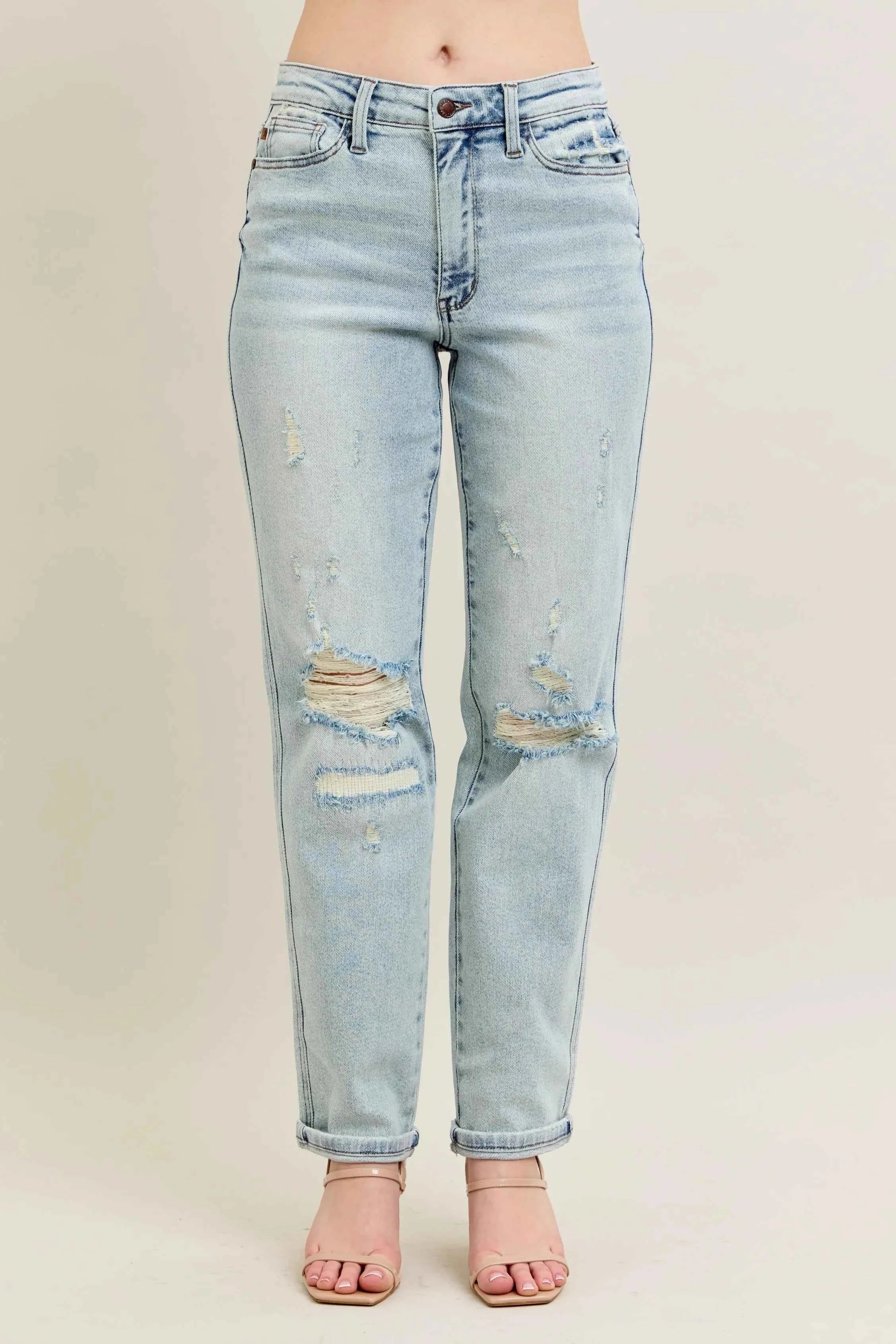 Judy Blue Full Size Mr Repair Stitch Detail Destroy Single Cuff Bf Jeans Plus Size
