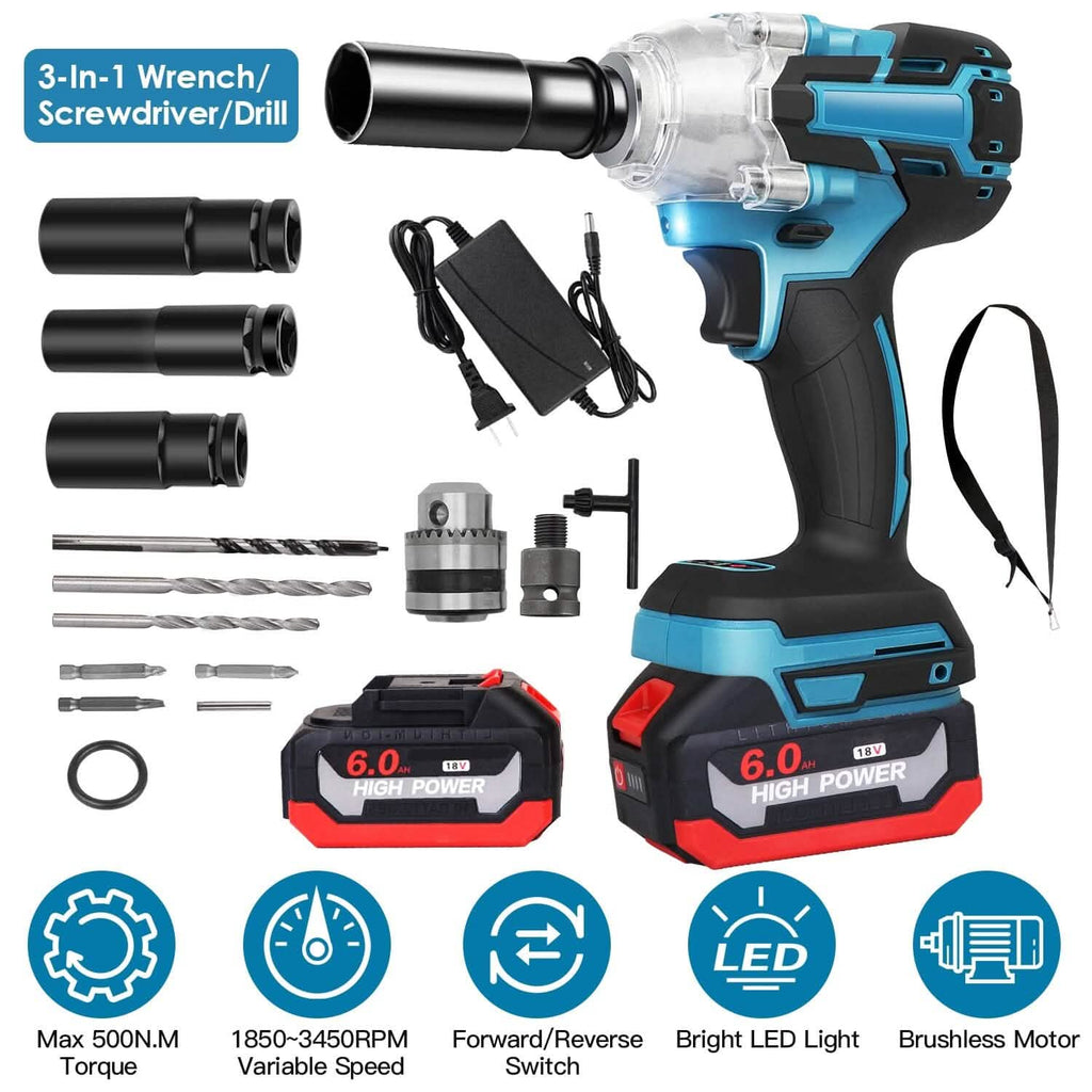 3-In-1 Cordless Electric Impact Wrench Drill Screwdriver with Brushless Motor Max 3450RPM Variable Speed by DailySale