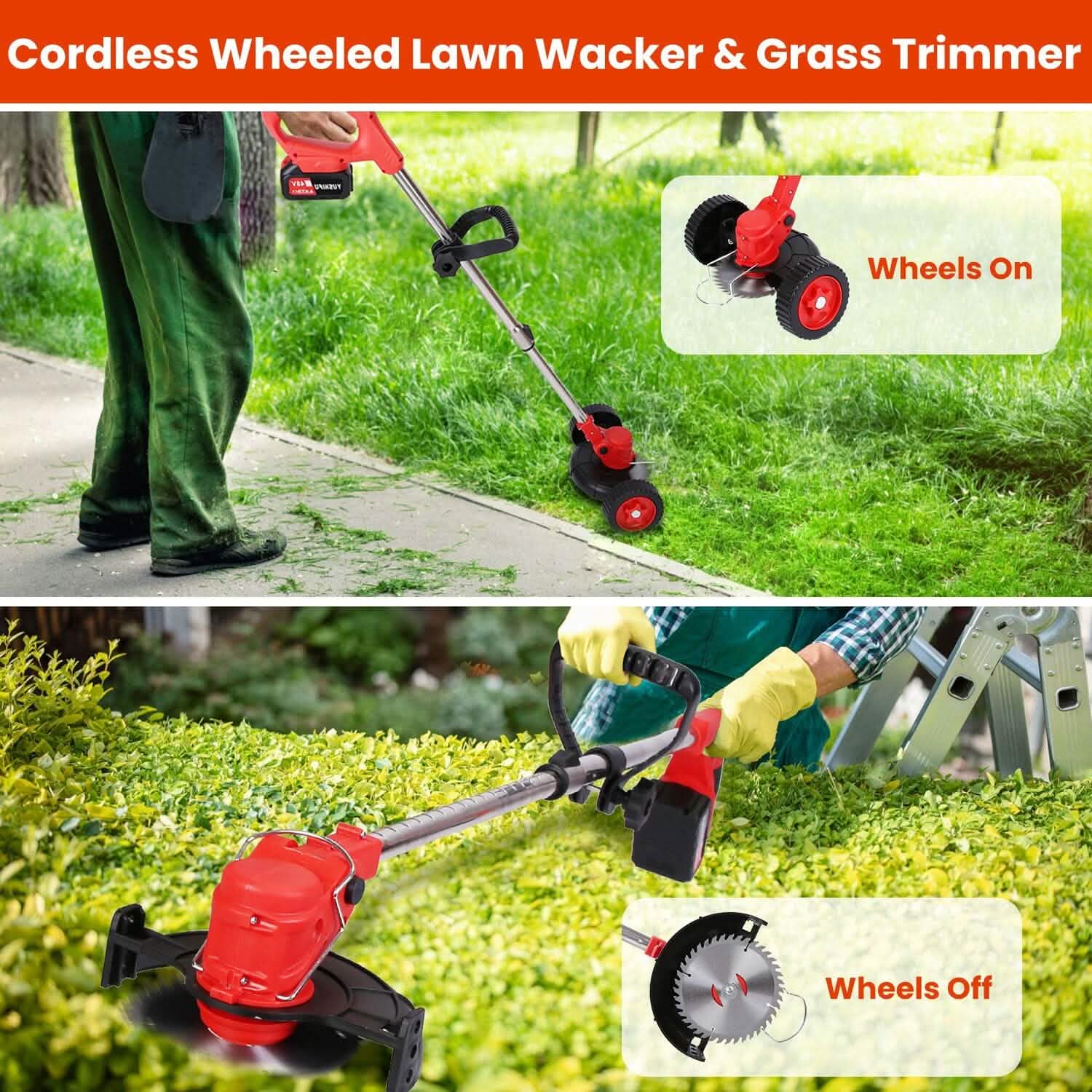 3-in-1 Electric Cordless Grass Wacker Battery Powered Grass Trimmer with Wheels Adjustable Head with 2-Pieces 2500mAh Batteries by DailySale