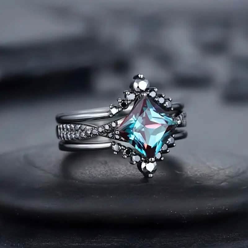 3-Piece Set: Black Square Faux Blue Zirconia Retro Luxury Ring by DailySale