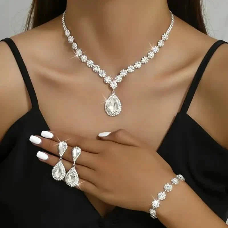 3-Piece Set: Elegant Bridal Jewelry Set - Rhinestone-Encrusted Earrings, Necklace & Bracelet Combo by DailySale