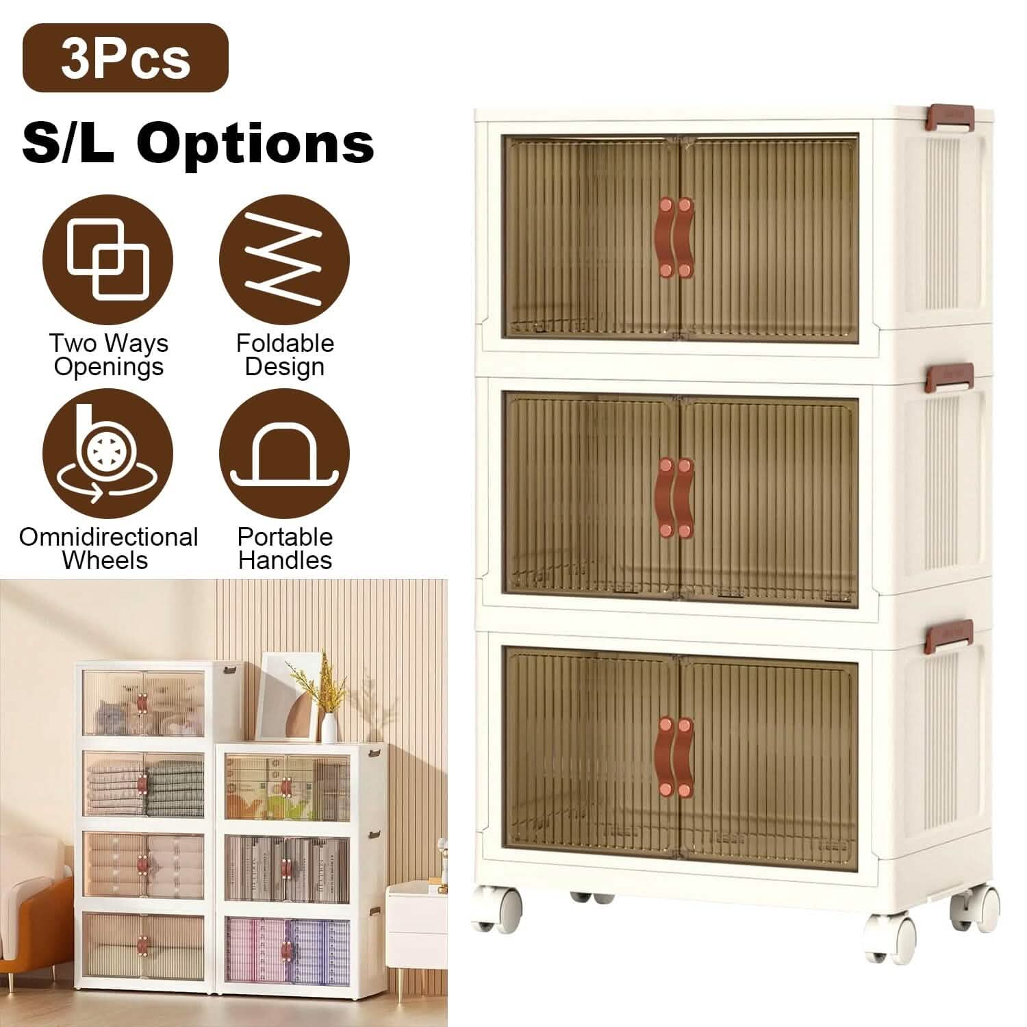 3-Pieces: Foldable Storage Bins with Lid Front Magnetic Door Collapsible Stackable Closet Organizer by DailySale