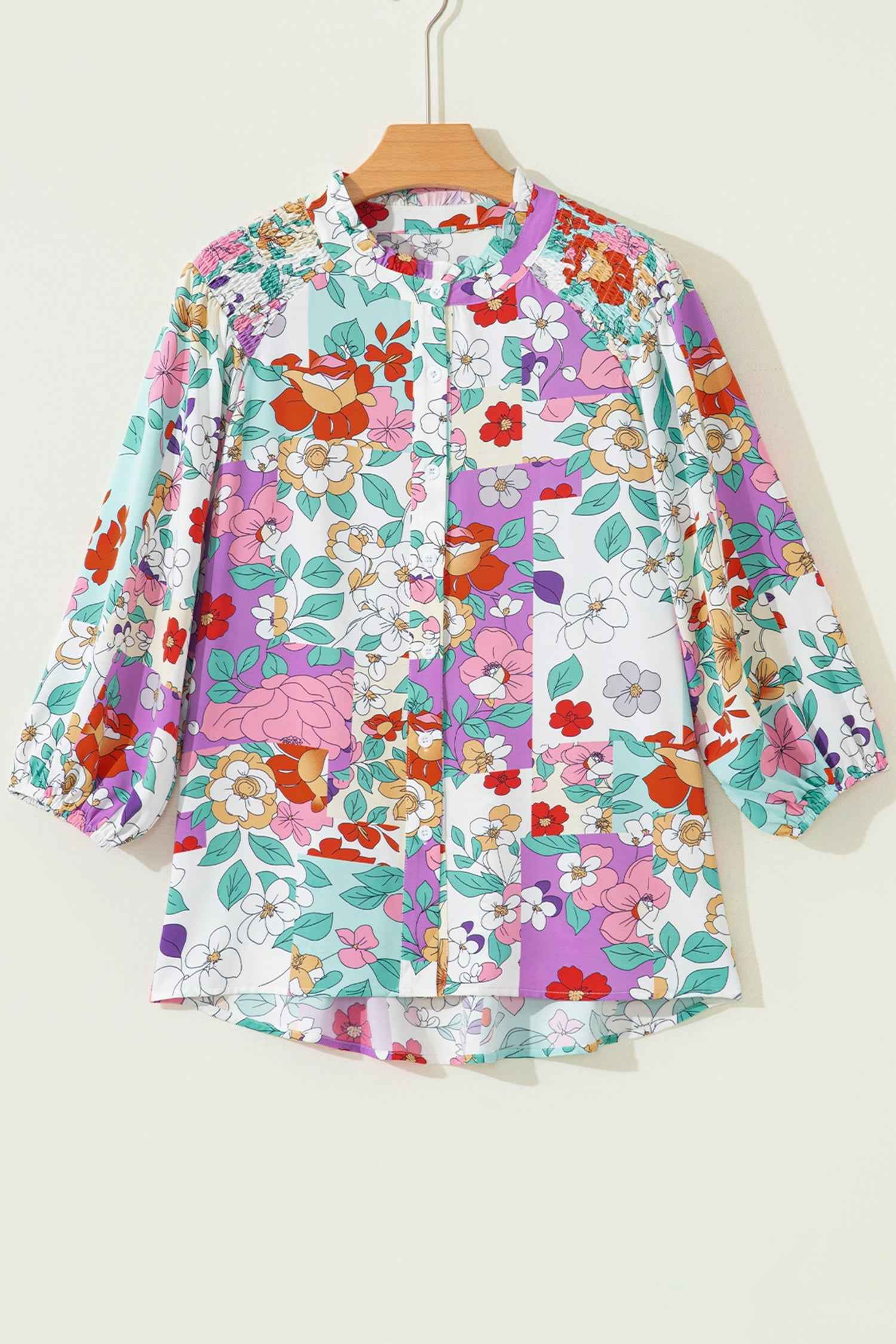Pink Floral Print Patchwork Frilly Neckline Long Sleeve Shirt