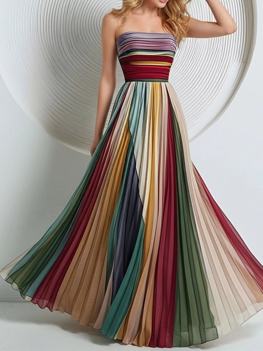 Striped Pleated Tube Maxi Dress by Shopiebay