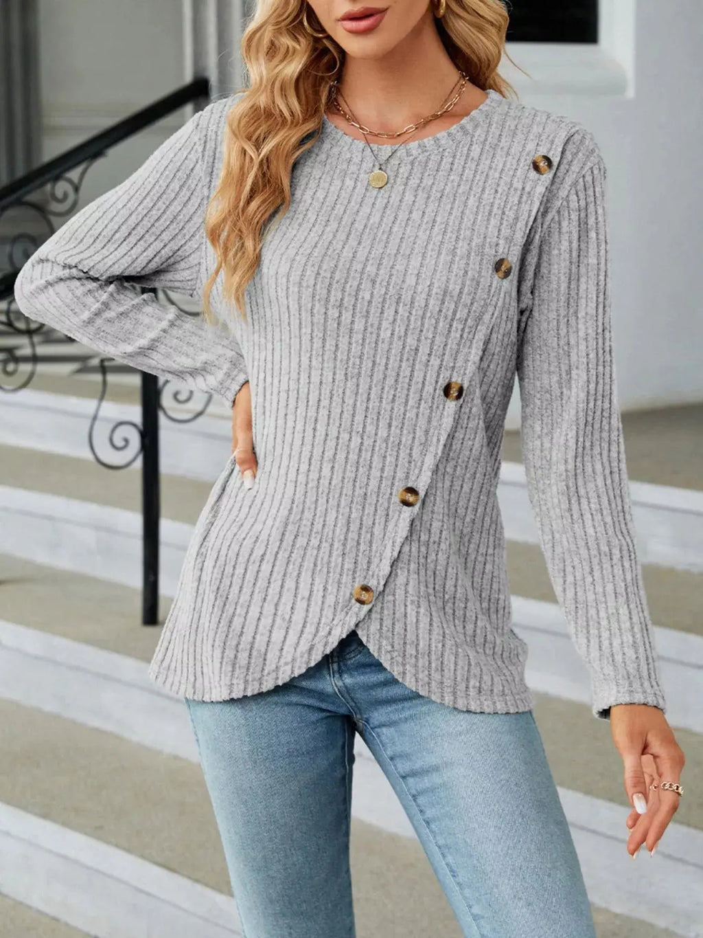 Decorative Button Ribbed Knit T Shirt