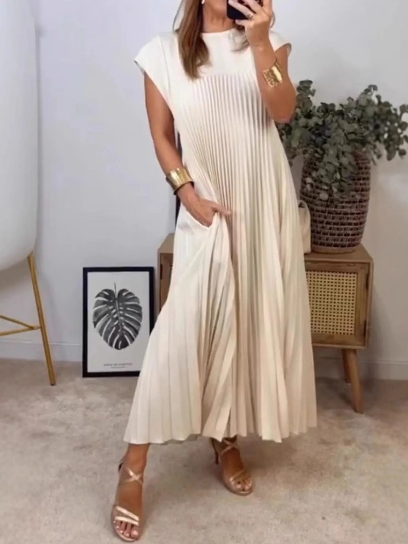 Pleated Round Neck Maxi Dress by Shopiebay