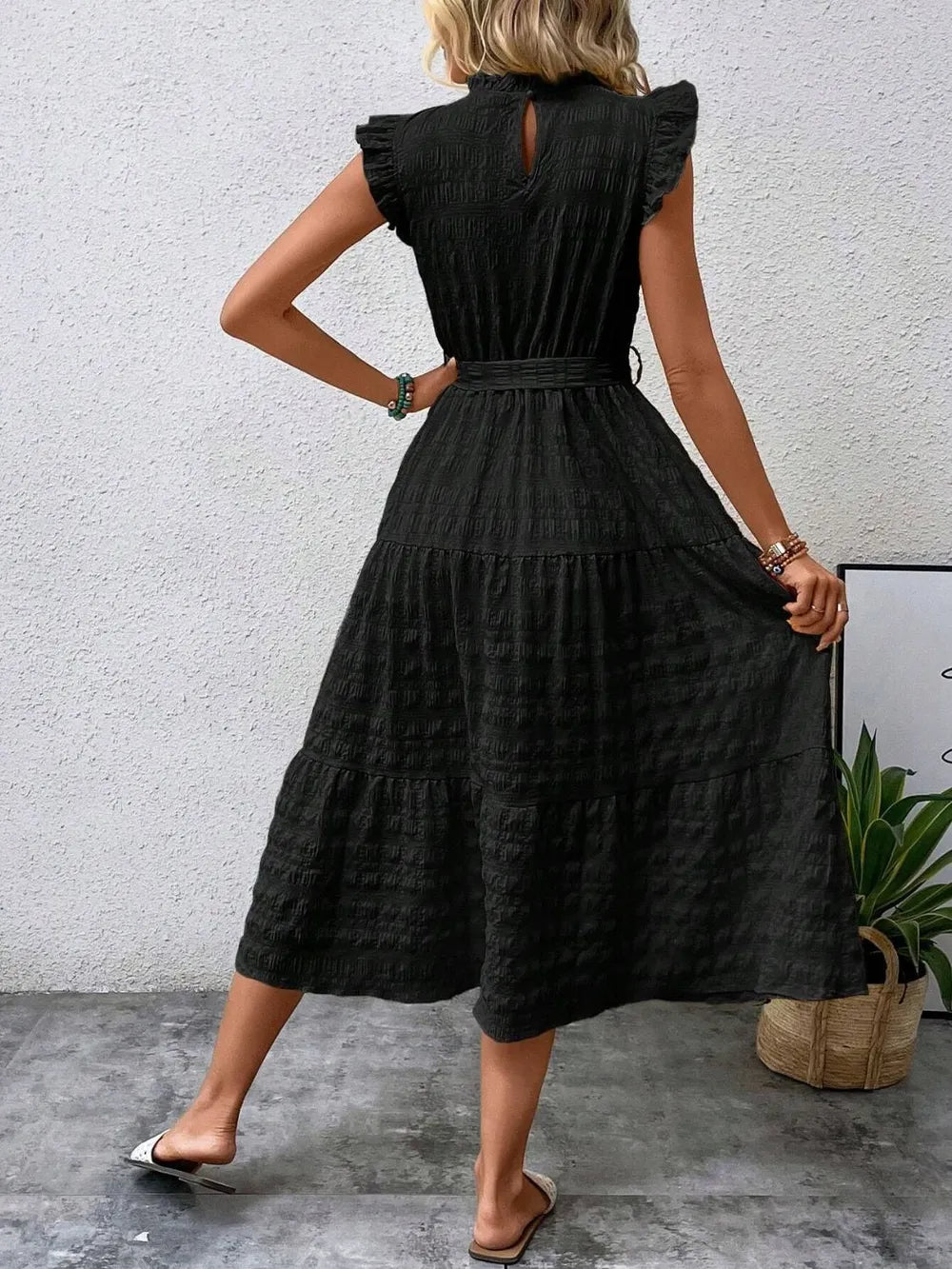 Tied Ruffled Cap Sleeve Midi Dress by Shopiebay