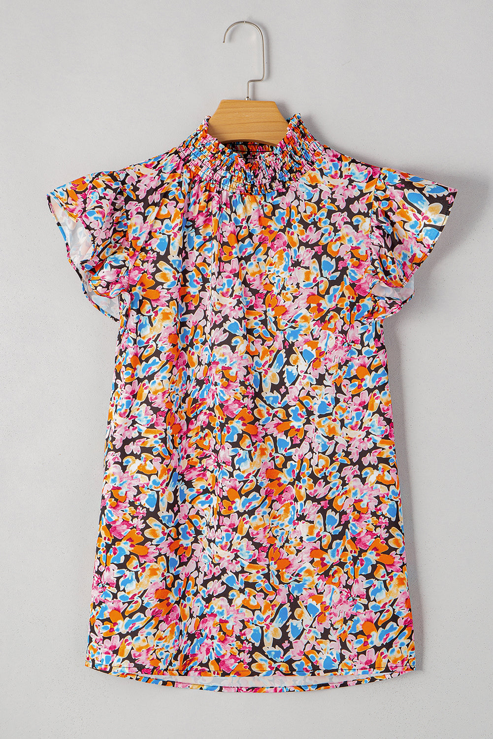Orange Floral Print Shirred Stand Neck Flutter Shoulder Blouse