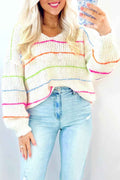 White Striped V Neck Drop Sleeve Sweater