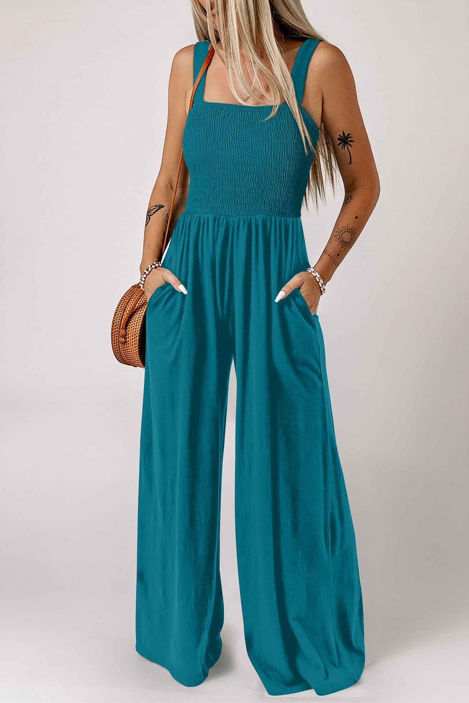 Peacock Blue Smocked Square Neck Sleeveless Jumpsuit with Pockets