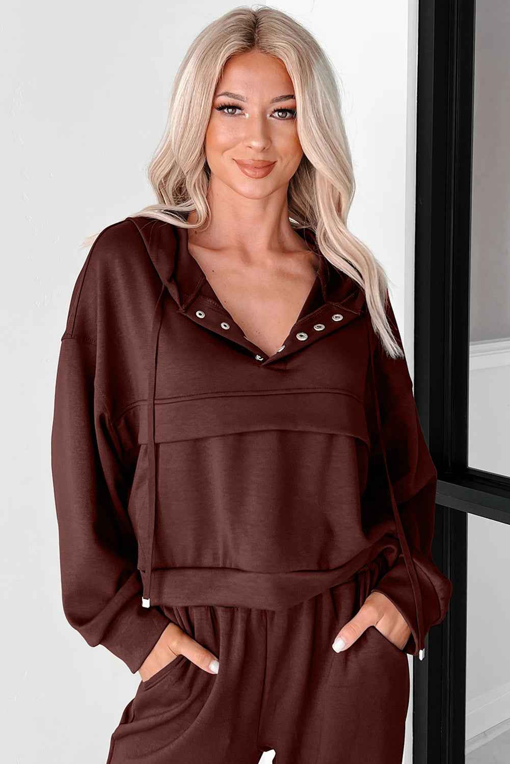 Chicory Coffee Button Drawstring Cropped Hoodie Jogger 2pcs Set