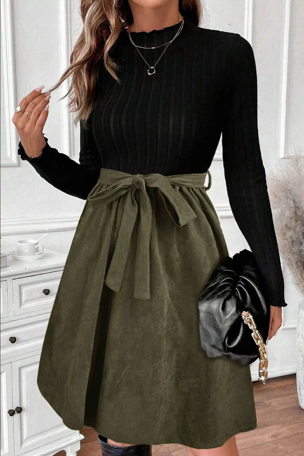 Ribbed Tie Waist A-Line Dress by Shopiebay