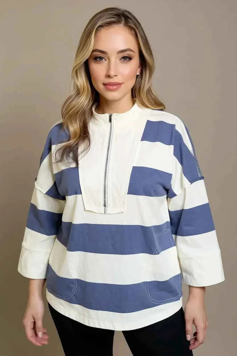 Oh Pima Cotton Wash Striped Half Zip Mock Neck Long Sleeve Top